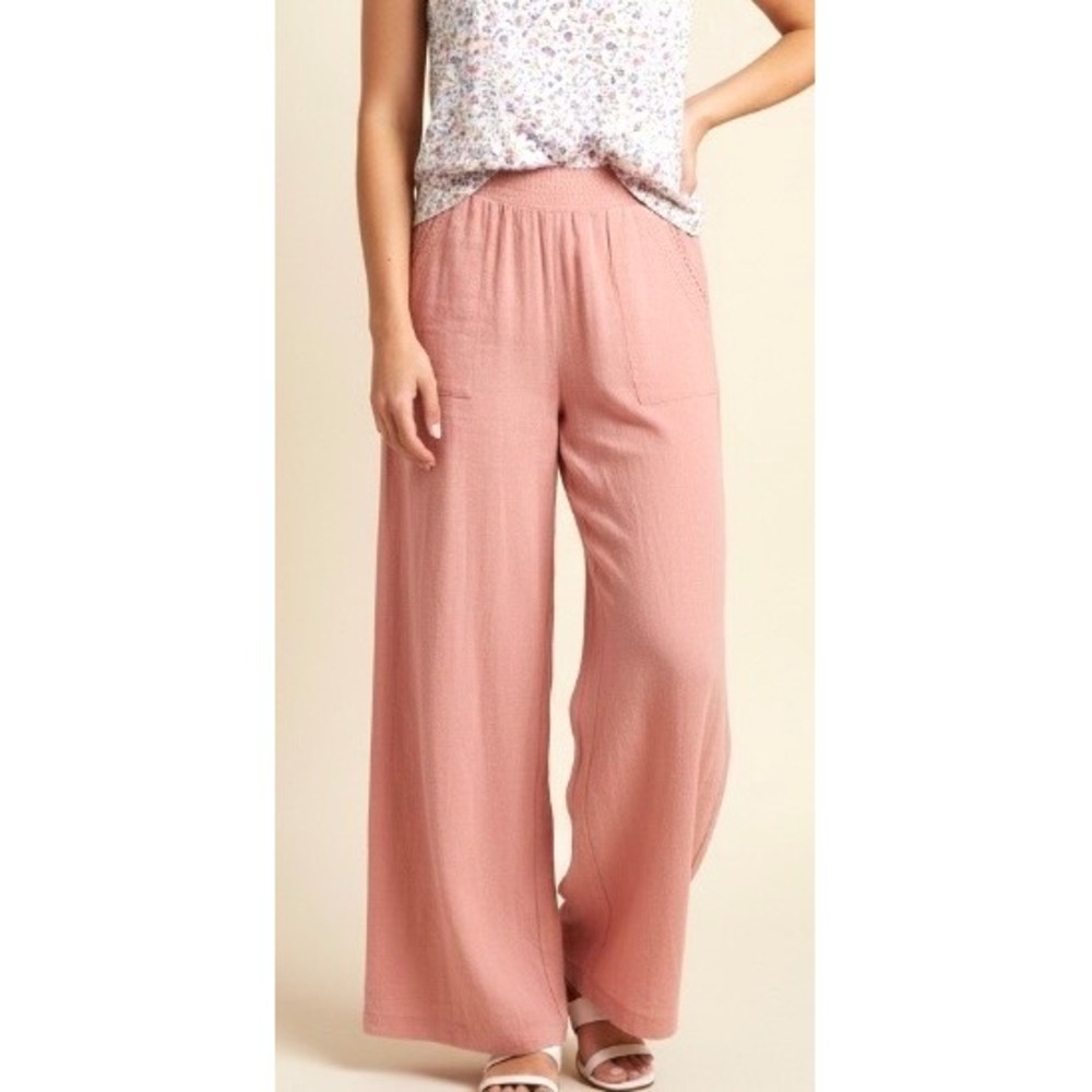 INC International Concepts Pink Wide Leg Smocked Metallic Pinstripe Pants‎ Large
